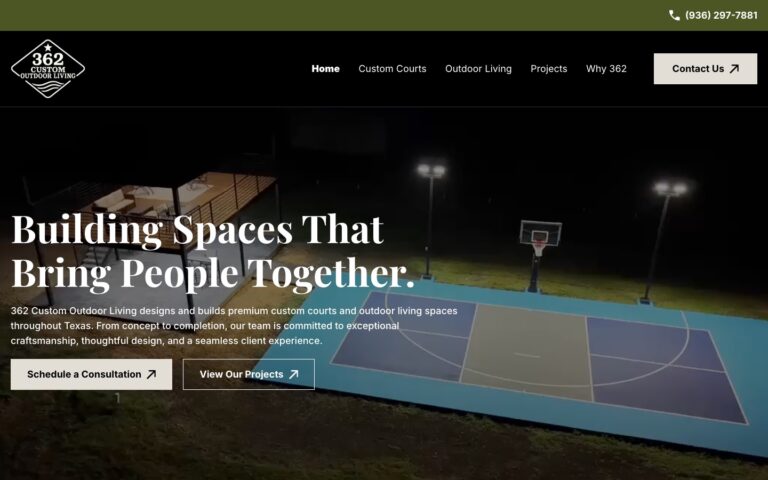362 Custom Outdoor Living website homepage on desktop, designed by Blue IT Technologies