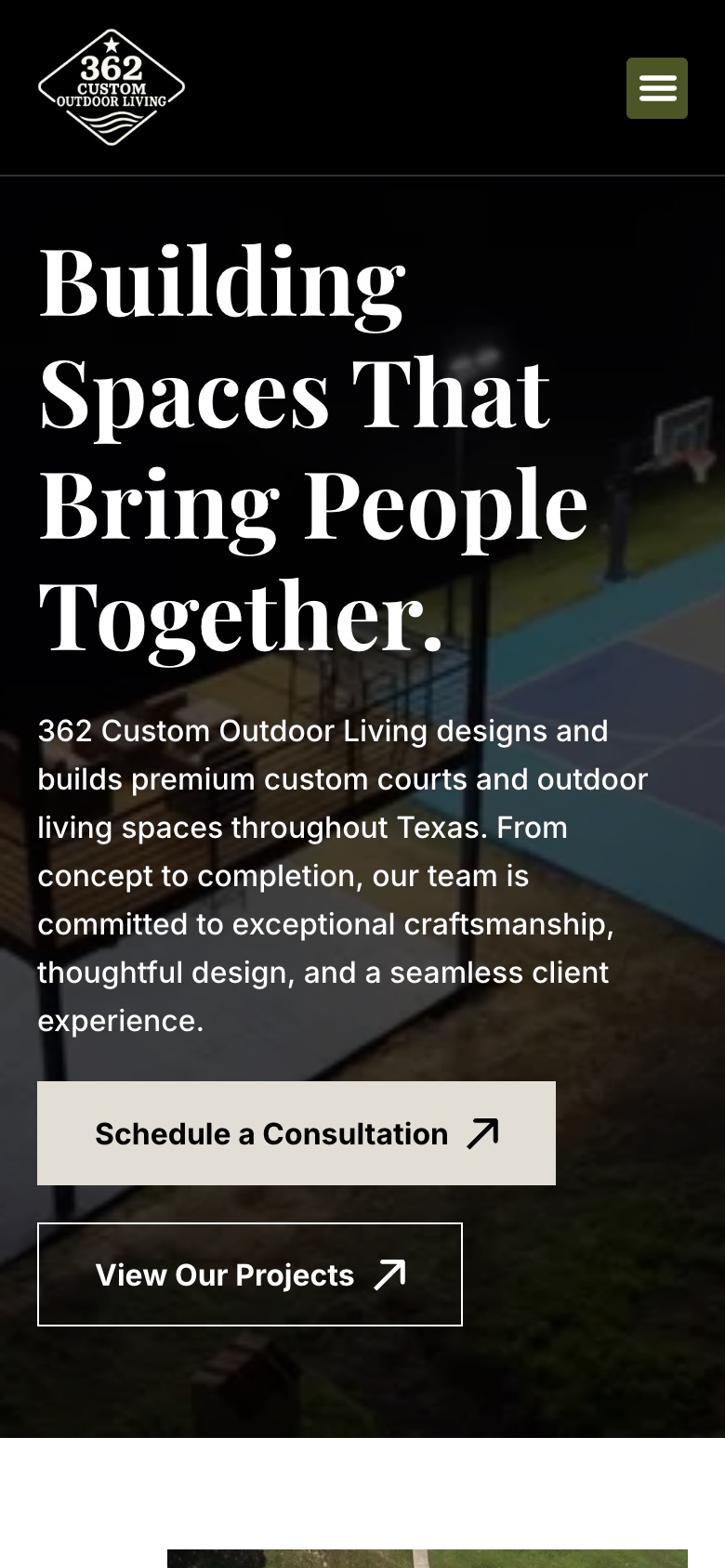 362 Custom Outdoor Living website on mobile, designed by Blue IT Technologies