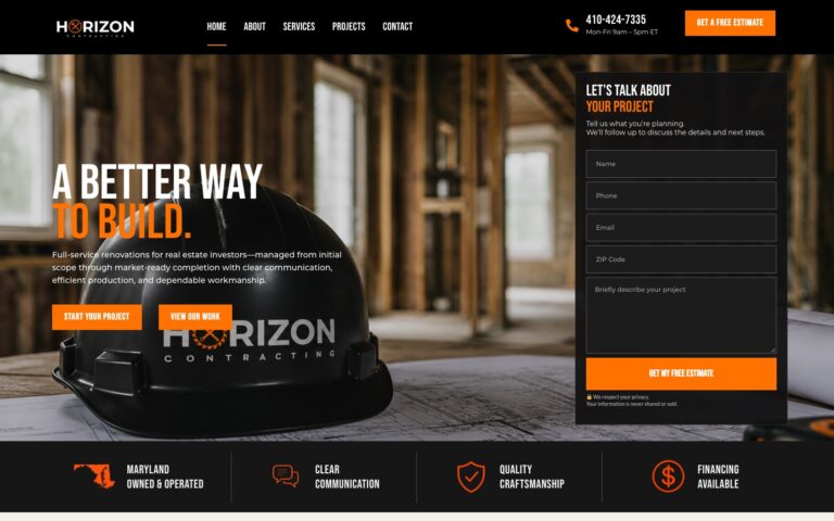 Horizon Contracting website hero with free estimate form, designed by Blue IT Technologies