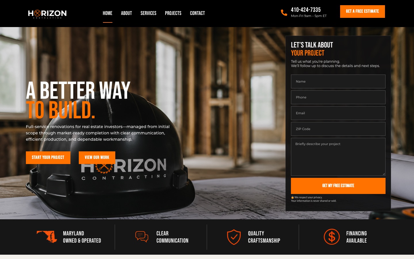 Horizon Contracting website hero with free estimate form, designed by Blue IT Technologies