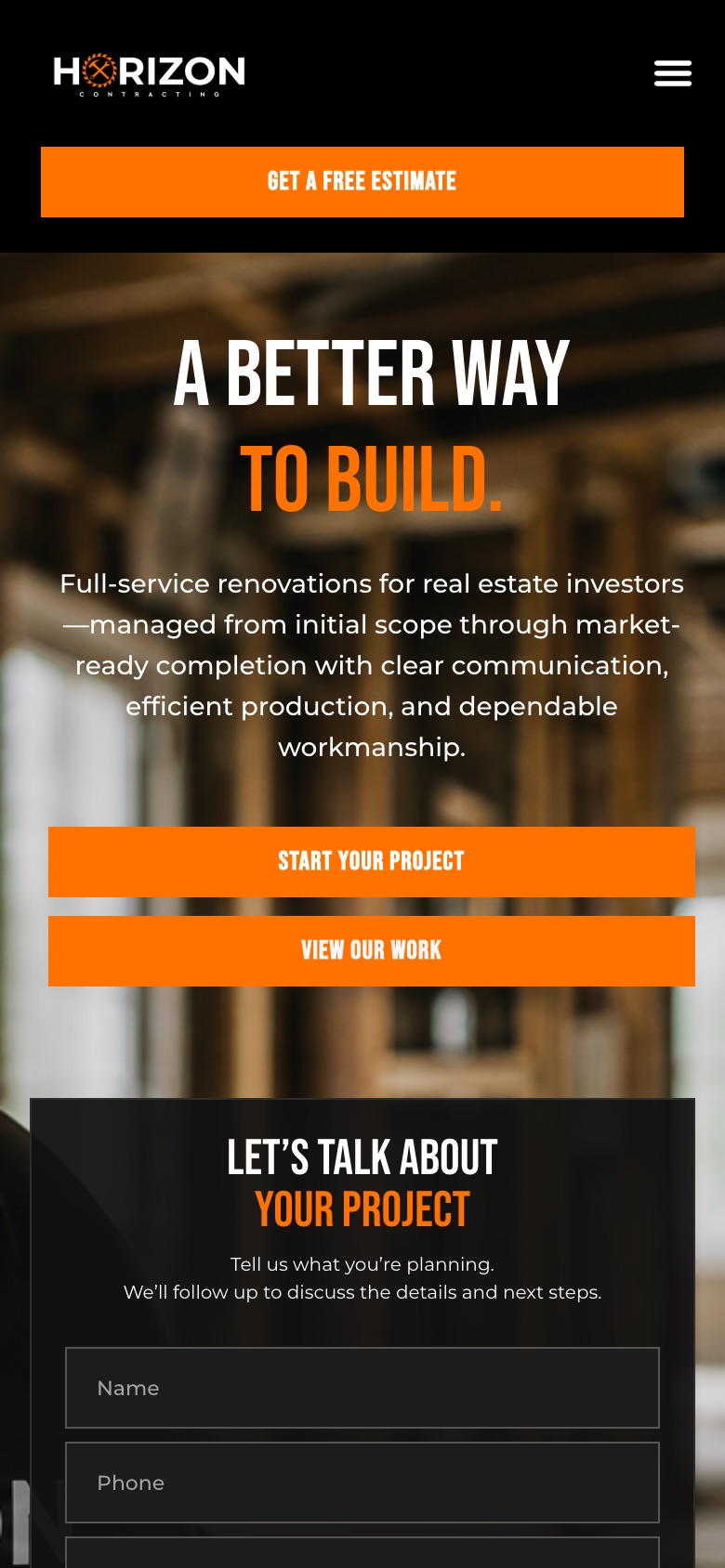 Horizon Contracting website on mobile, designed by Blue IT Technologies